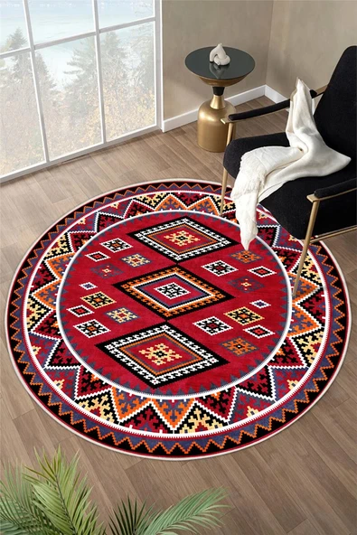 Kırmızı Etnik Kilim Desenli Dijital Baskılı Kaymaz Taban Yıkanabilir Yuvarlak Halı 200 x 200 cm Kırmızı ürün görseli 1
