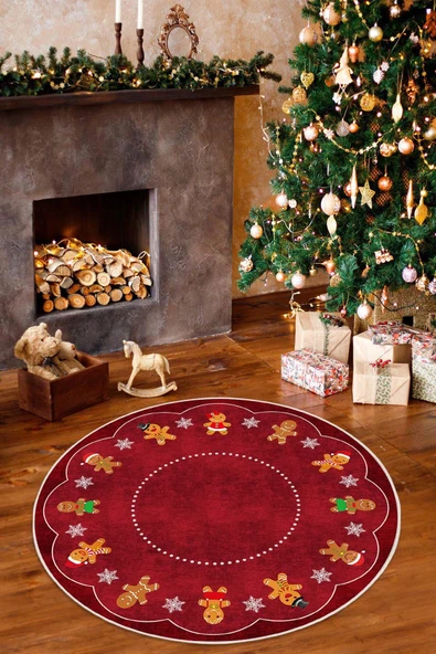 Yılbaşı Konseptli Gingerbread Desenli Yuvarlak Yıkanabilir Kaymaz Dijital Baskı Halı 100 x 100 cm Kırmızı ürün görseli 1