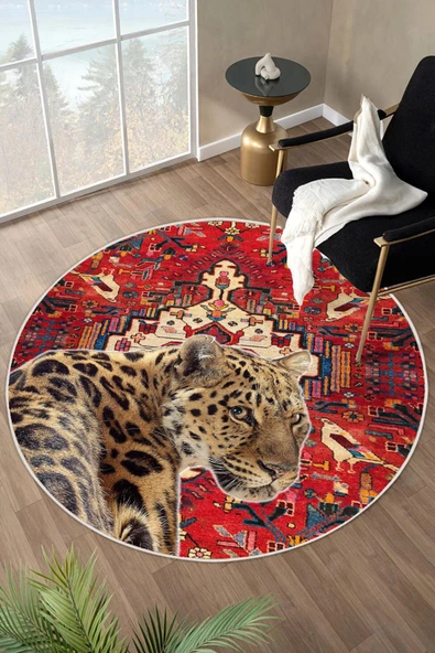 Bordo Etnik Desenli Leopar Figürlü Yıkanabilir Kaymaz Yuvarlak Halı  160 x 160 cm Bordo ürün görseli 1