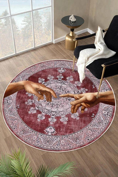 Yıkanabilir Modern Sanat Desenli Bordo Dijital Baskı Yuvarlak Halı 100 x 100 cm Bordo ürün görseli 1