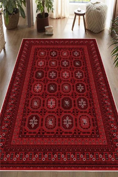 Bordo Afgan Desenli Dekoratif Kaymaz Taban Yıkanabilir Halı 80 x 250 cm Bordo ürün görseli 1