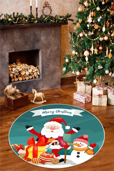 Merry Christmas Yılbaşı Temalı Dijital Baskılı Yıkanabilir Mavi Yuvarlak Halı 100 x 100 cm Mavi ürün görseli 1