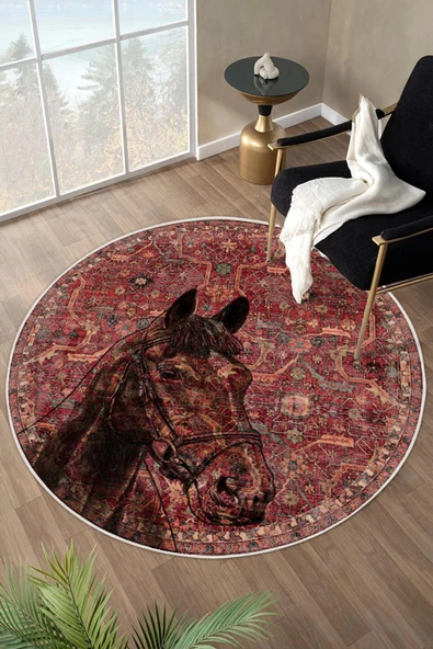 Kilim Desenli At Figurlu Yıkanabilir Kaymaz Taban Bordo Yuvarlak Halı 180 x 180 cm Bordo ürün görseli 1