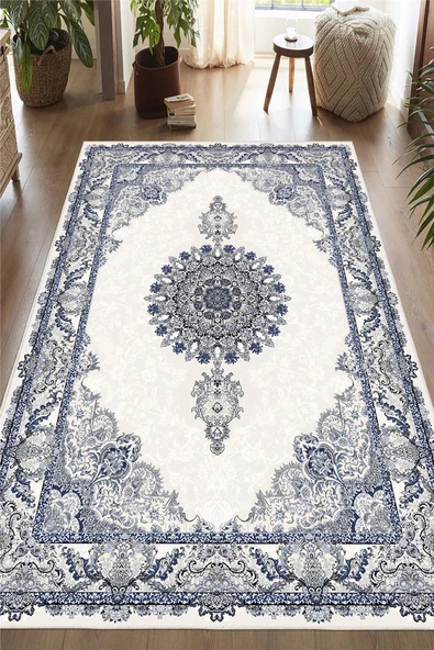 Klasik Çerçeve Desenli Dekoratif Lacivert Kaymaz Taban Yıkanabilir Halı 80 x 200 cm Lacivert ürün görseli 1