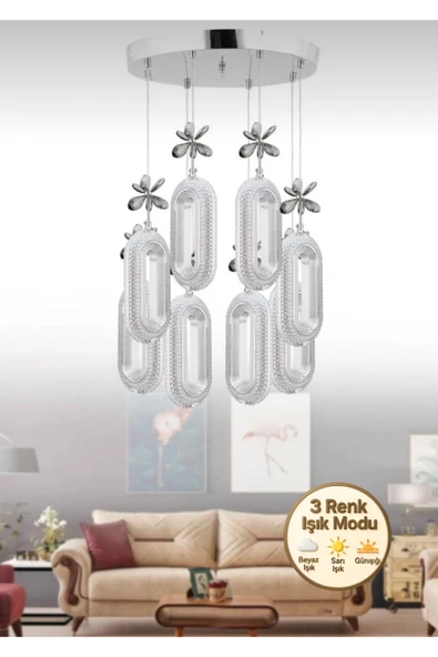 Marsel Lighting SERRAModel 8'li Krom 3 Renk Modu Ledli Modern Salon Mutfak Oturma Odası Led Avize ürün görseli 1