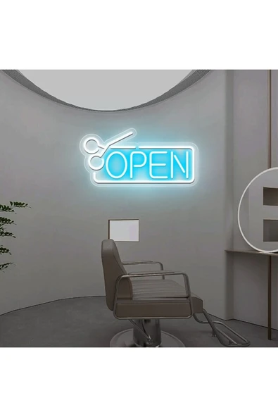 OPEN Yazılı Makas Figürlü Neon Tabela ürün görseli 1