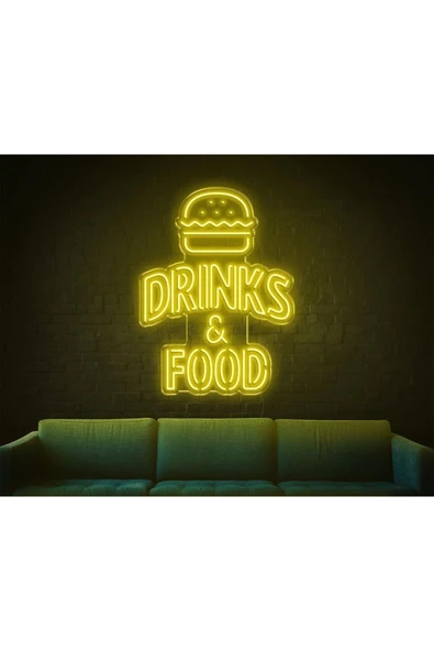 DRINKS & FOOD Yazılı Hamburger Figürlü Neon Tabela ürün görseli 1
