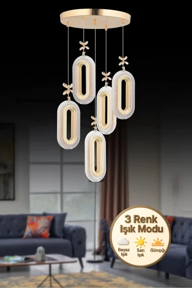 Marsel Lighting SERRA Model 5'li Gold 3 Renk Modu Ledli Modern Salon Mutfak Oturma Odası Led Avize ürün görseli 1