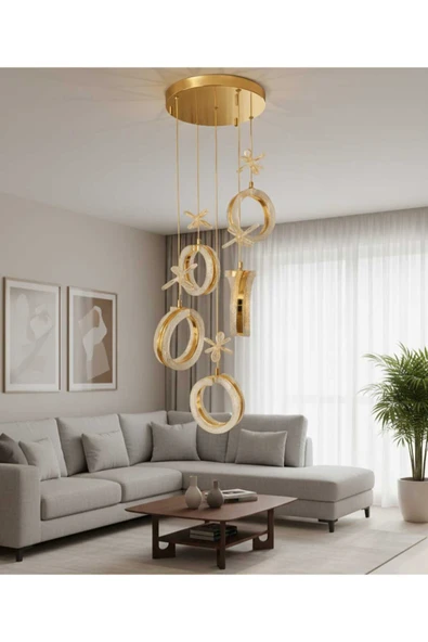 Marsel Lighting ALYA 5Lİ GOLD AVİZE SALON OTUMA ODASI AVİZE 3 RENK LED SECENEKLİ ürün görseli 1