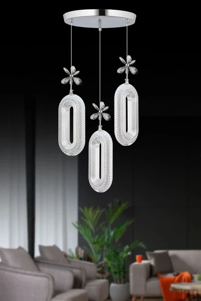 Marsel Lighting SERRA Model 3'lü Krom 3 Renk Modu Ledli Kristal Taşlı Modern Salon Mutfak Oturma Odası Led Avize ürün görseli 1