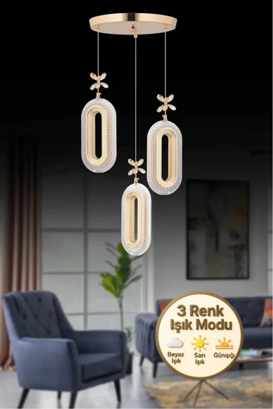 Marsel Lighting SERRA Model 3'lü Gold 3 Renk Modu Ledli Modern Salon Mutfak Oturma Odası Led Avize ürün görseli 1