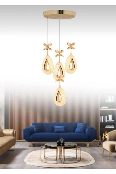 Marsel Lighting YAGMUR Model 4'lü Gold 3 Renk Modu Ledli Modern Salon Mutfak Oturma Odası Led Avize ürün görseli 1
