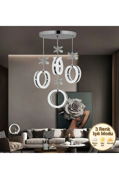 Marsel Lighting ALYA Model 4’lü Krom 3 Renk Modu Ledli SALON OTURMA ODASI AVİZE ürün görseli 1