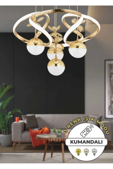 Marsel Lighting ELODİ 4LÜ GOLD AVİZE SALON OTURMA ODASI AVİZE 3 RENK LED SECENEKLİ KUMANDALI ürün görseli 1
