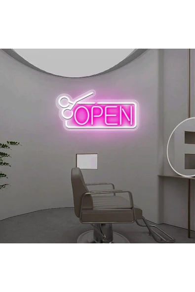 OPEN Yazılı Makas Figürlü Neon Tabela ürün görseli 1