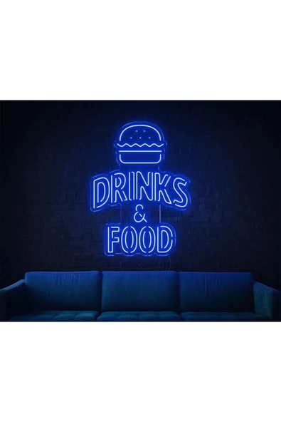 DRINKS & FOOD Yazılı Hamburger Figürlü Neon Tabela ürün görseli 1