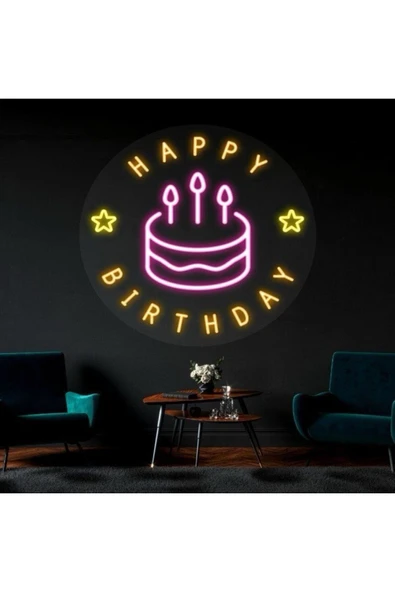 Happy Birthday Yazılı Pasta Figürlü Neon Tabela ürün görseli 1