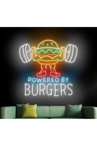 POWERED BY BURGERS Yazılı ve Şekilli Neon Tabela ürün görseli 1