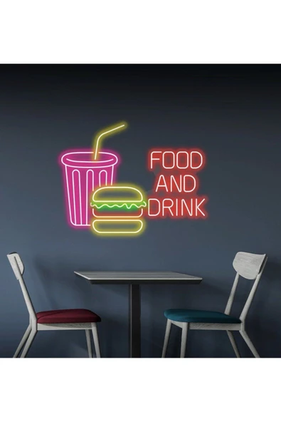 FOOD AND DRINK Yazılı ve Şekilli Neon Tabela ürün görseli 1