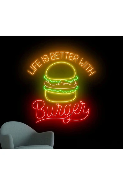 LIFE IS BETTER WITH Burger Yazılı ve Şekilli Neon Tabela ürün görseli 1