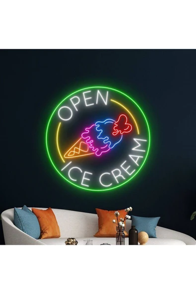 OPEN ICE CREAM Yazılı ve Şekilli Neon Tabela ürün görseli 1