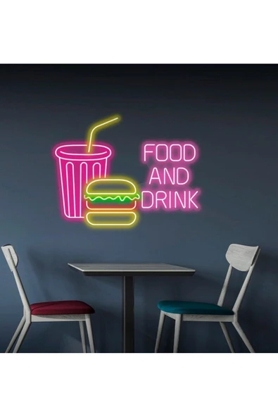 FOOD AND DRINK Yazılı ve Şekilli Neon Tabela ürün görseli 1