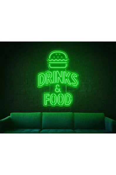 DRINKS & FOOD Yazılı Hamburger Figürlü Neon Tabela ürün görseli 1