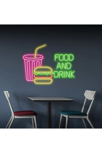 FOOD AND DRINK Yazılı ve Şekilli Neon Tabela ürün görseli 1