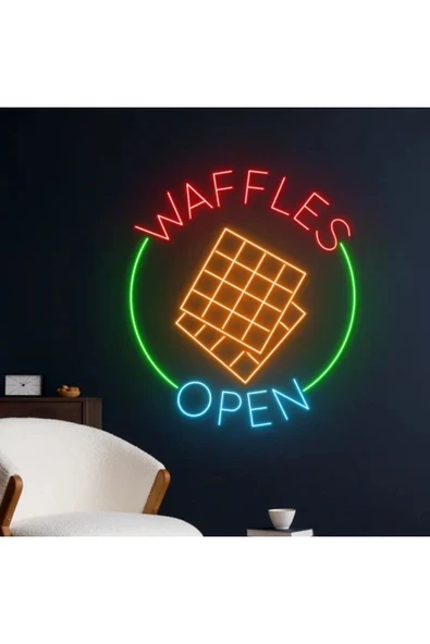 WAFFLES OPEN Yazılı ve Şekilli Neon Tabela ürün görseli 1