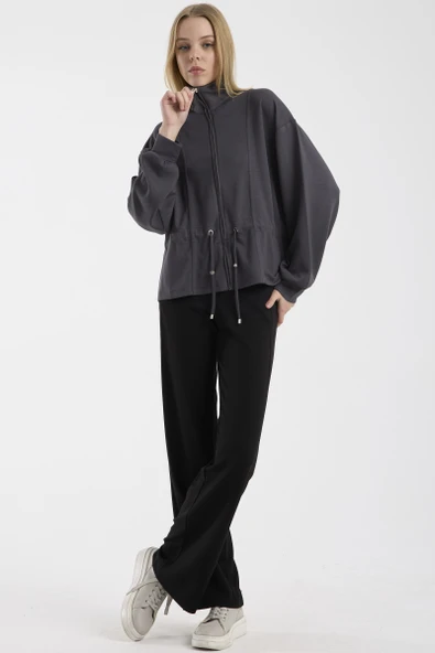 Yumuşak Dokulu Beli Ayarlanabilir Sweatshirt - Antrasit ürün görseli 1