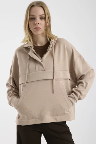 Oversize Yumuşak Dokulu Sweatshirt - Bej - Resim 2