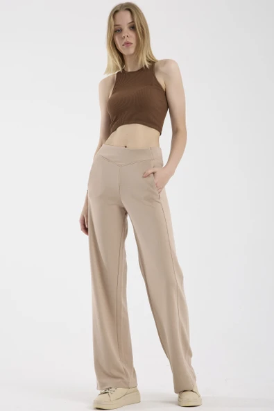 Yumuşak Dokulu Bol Paça Eşofman Alt - Bej ürün görseli 1