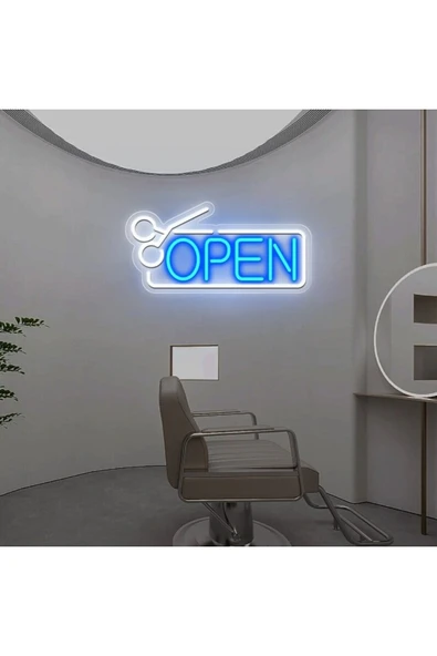 OPEN Yazılı Makas Figürlü Neon Tabela ürün görseli 1