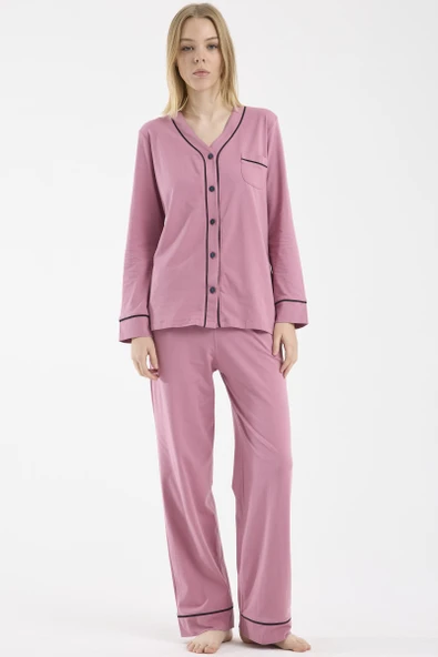 Biye Detaylı  Düğmeli  Pijama Takım - Gül Kurusu ürün görseli 1