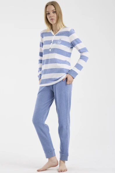 Çizgi Kombinli Detaylı Pijama Takım - Mavi ürün görseli 1