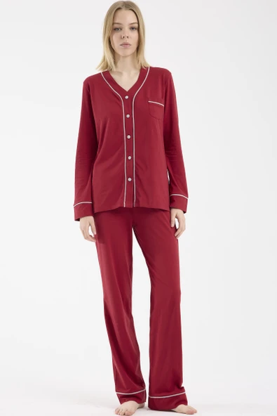 Biye Detaylı  Düğmeli  Pijama Takım - Bordo ürün görseli 1