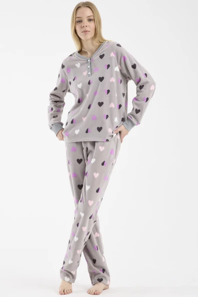 Kalp Desenli Polar Pijama Takım - Gri ürün görseli 1