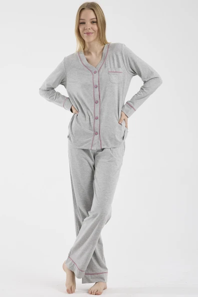 Biye Detaylı  Düğmeli  Pijama Takım - Gri ürün görseli 1