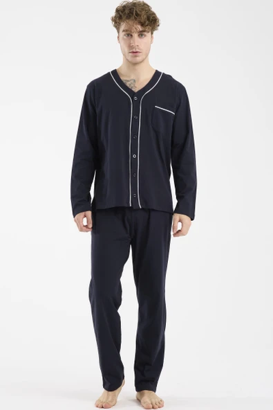 V Yaka Düğmeli Pijama Takım - Lacivert ürün görseli 1
