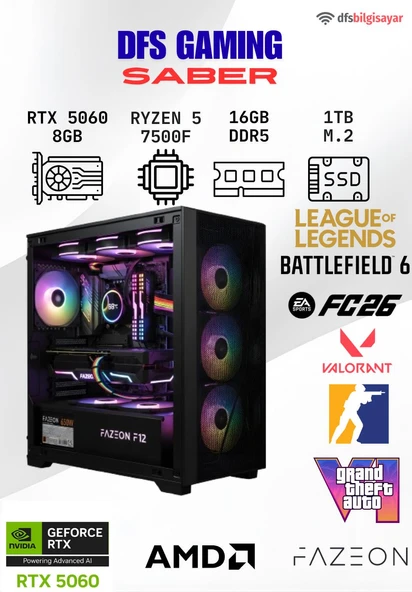 DFS GAMING SABER RYZEN 5 7500F-B650M-RTX 5060-16GB DDR5 RAM-1TB M.2 SSD-MASAÜSTÜ OYUNCU BİLGİSAYARI ürün görseli 1