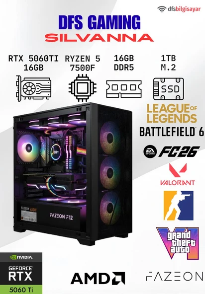 DFS GAMING SILVANNA RYZEN 5 7500F-B650M-RTX 5060 TI 16GB-16GB DDR5 RAM-1TB M.2 SSD-MASAÜSTÜ OYUNCU BİLGİSAYARI ürün görseli 1