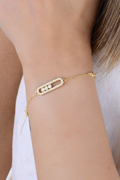 925 Ayar Gümüş Bileklik Altın Kaplama hareketli zirkon taşlı umut ışığı kapsül bileklik SGTL12932GOLD ürün görseli 1