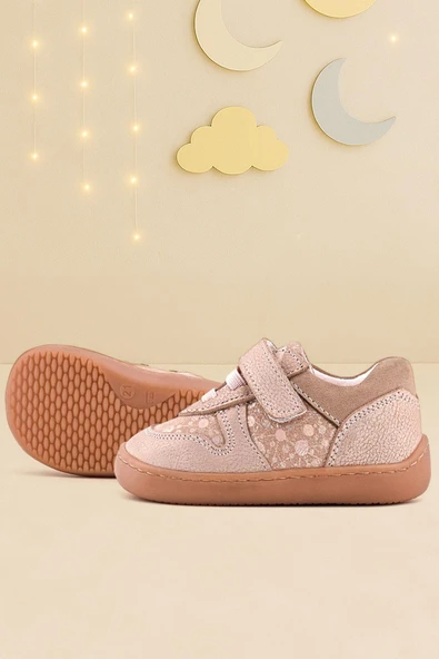 Rakerplus Bob Hakiki Deri Pudra Simli Barefoot Cırtlı Lastikli Bebek Sneaker Ayakkabı ürün görseli 1
