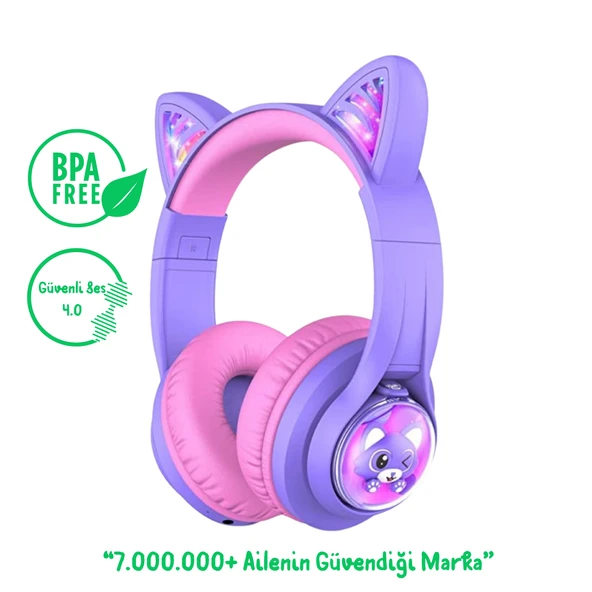iClever BTH19 Kedi Kulaklı Çocuk Bluetooth Kulaklık -Mor ürün görseli 1