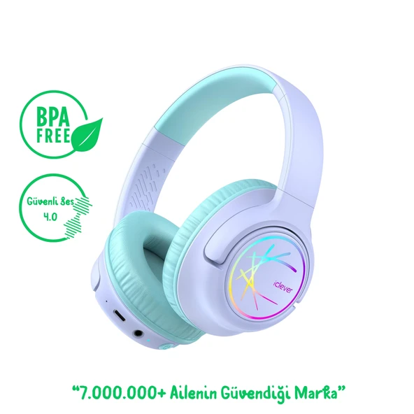 iClever BTH18 LED Işıklı Çocuk Bluetooth Kulaklık -Mor ürün görseli 1