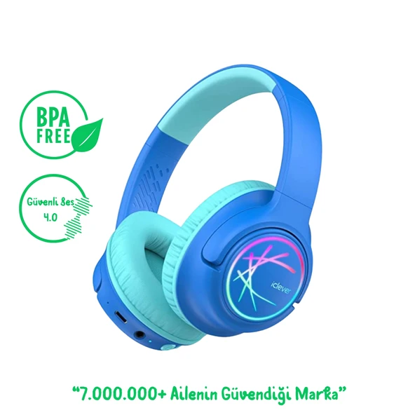 iClever BTH18 LED Işıklı Çocuk Bluetooth Kulaklık -Mavi ürün görseli 1