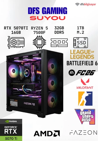 DFS GAMING SUYOU RYZEN 5 7500F-B650M-RTX 5070 TI 16GB-32GB DDR5 RAM-1TB M.2 SSD-MASAÜSTÜ OYUNCU BİLGİSAYARI ürün görseli 1
