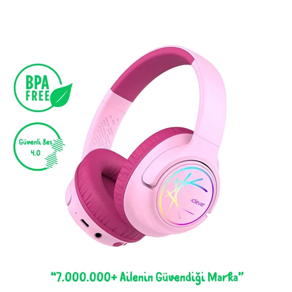 iClever BTH18 LED Işıklı Çocuk Bluetooth Kulaklık -Pembe ürün görseli 1