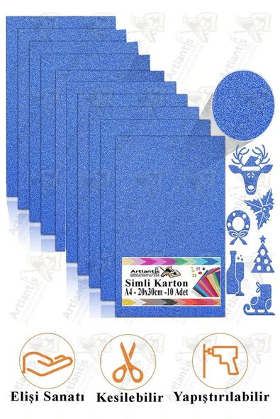 Mavi Simli Karton A4 20x30 cm 10 lu 1 Paket Simli Fon Kartonu Parıltılı Kağıt Anasınıfı Kreş Etkinlik Proje ürün görseli 1