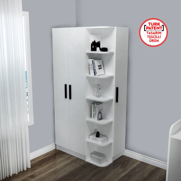 Arnetti Luses 3 Kapaklı Raflı Genç Odası Gardırop, Köşe Gardırop, Beyaz ürün görseli 1